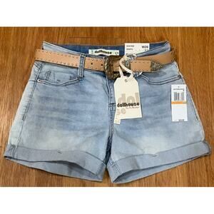 Dollhouse Juniors' Belted Cuffed Denim Shorts Bahia 3/4 W 26
